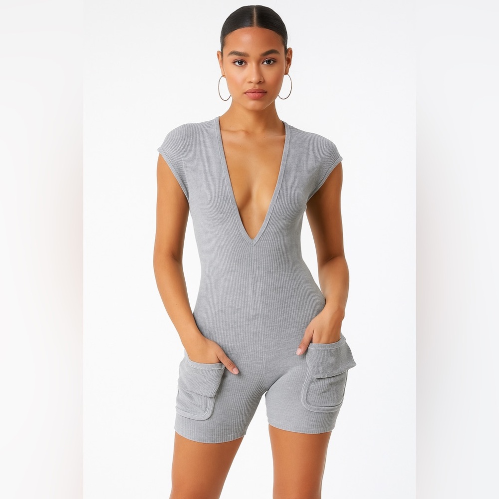 Women’s Gray V-Neck Ribbed Women's romper size medium super stretchy